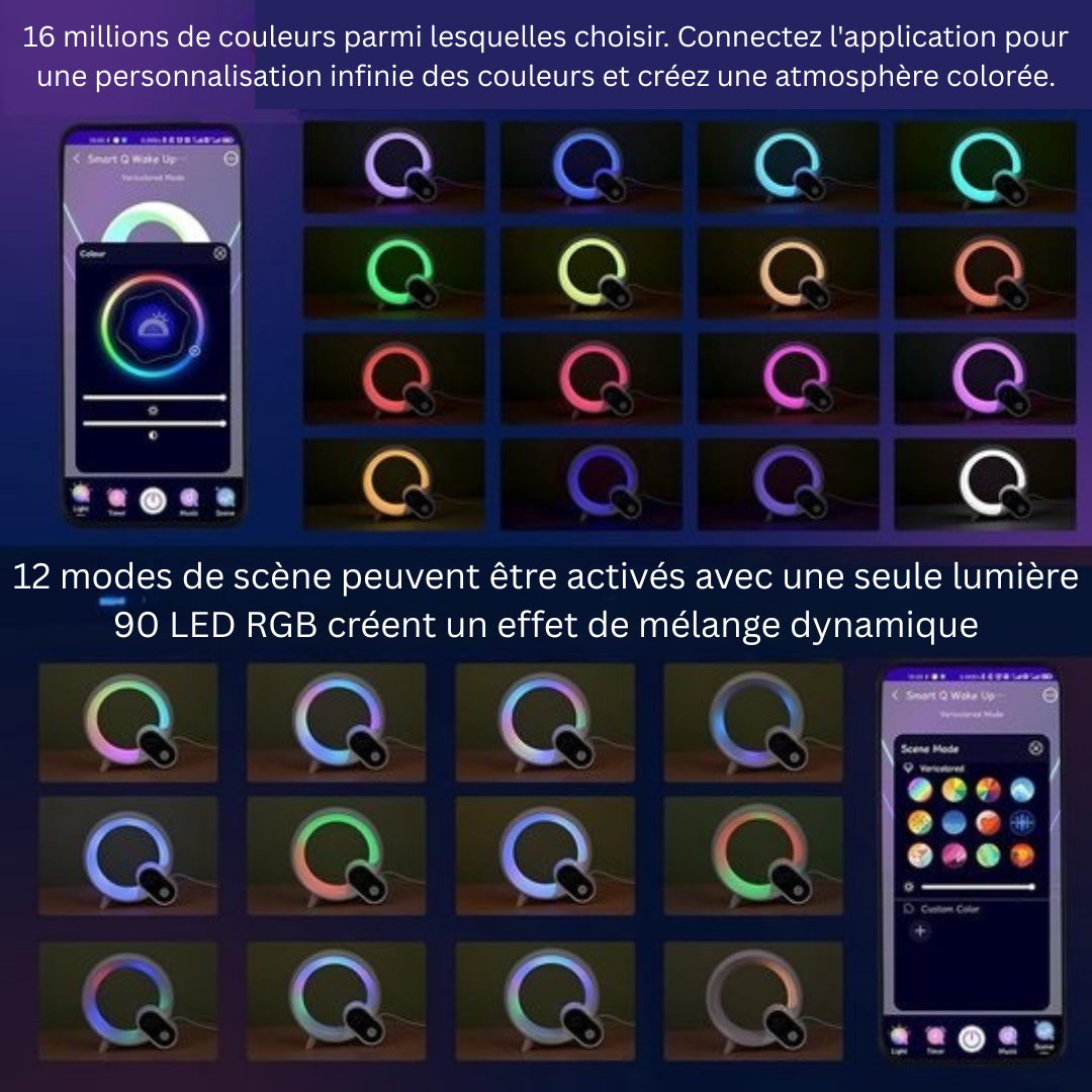 Réveil AuraLux noir avec simulation d'aube et lumière d'ambiance, idéal pour un réveil naturel et le bien-être.