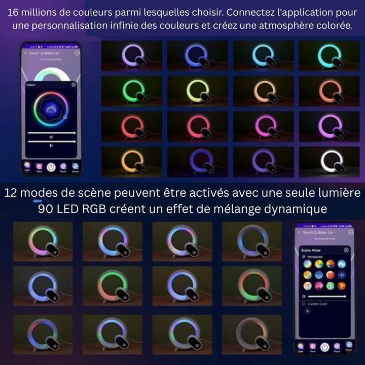 Réveil AuraLux noir avec simulation d'aube et lumière d'ambiance, idéal pour un réveil naturel et le bien-être.