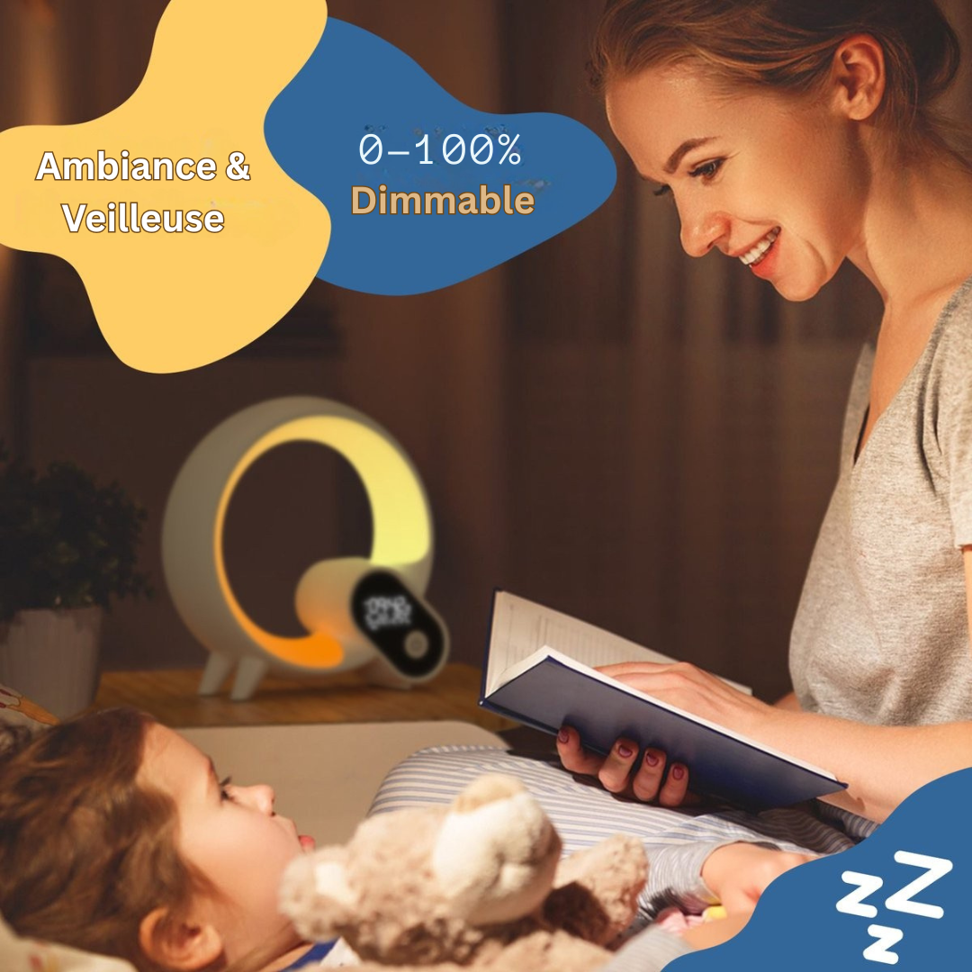 Réveil numérique AuraLux noir avec fonctions Bluetooth et simulation d'aube pour une ambiance personnalisée en chambre.