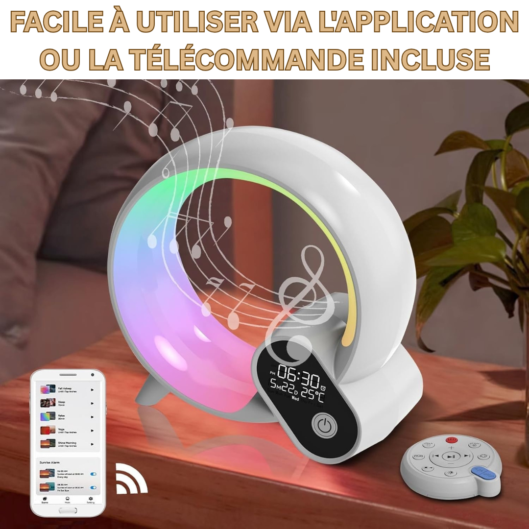 Réveil AuraLux numérique noir, simule l'aube pour des matins sereins, améliore le sommeil et l'ambiance de la chambre.