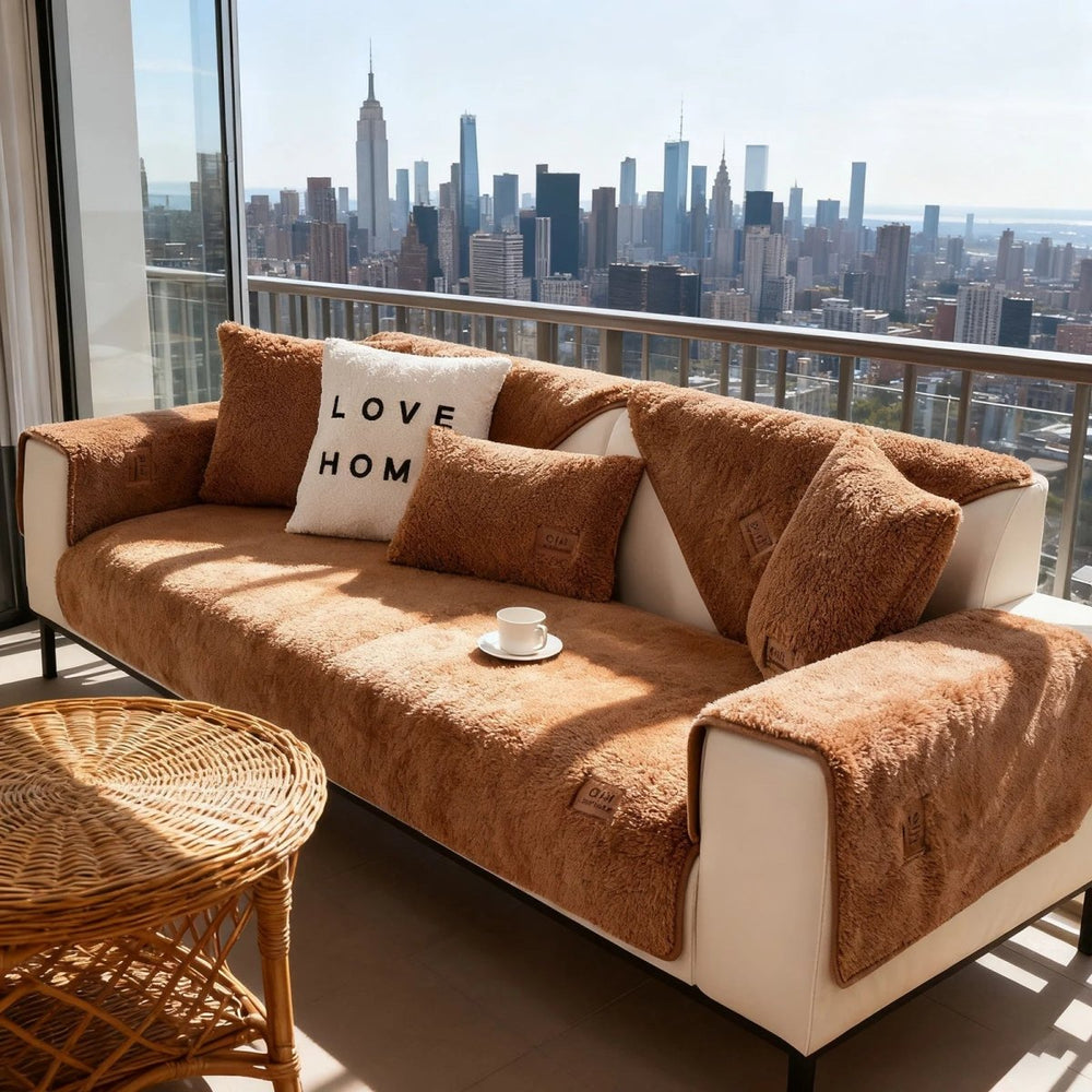 Couvre-canapé moelleux en laine d'agneau, offrant douceur et confort exceptionnel à votre salon moderne.