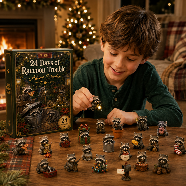 Calendrier Avent raton laveur 2026, ambiance joyeuse de Noël. Surprises quotidiennes, décoration hiver enfants.
