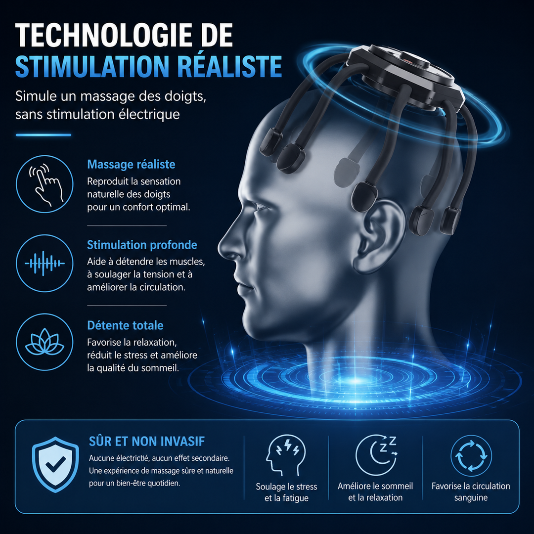 Profitez d'un massage du cuir chevelu avec CalmWave, sans fil et portable, pour une détente maximale.