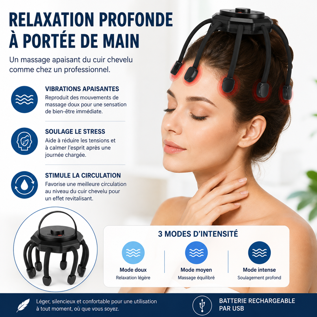 Appareil de massage du cuir chevelu CalmWave, sans fil, pour relaxation profonde et soulagement du stress.