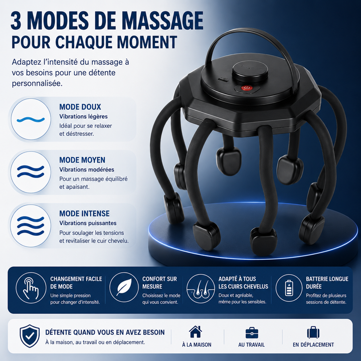 Détendez-vous avec le masseur de cuir chevelu CalmWave. Soulage les tensions et favorise la relaxation.