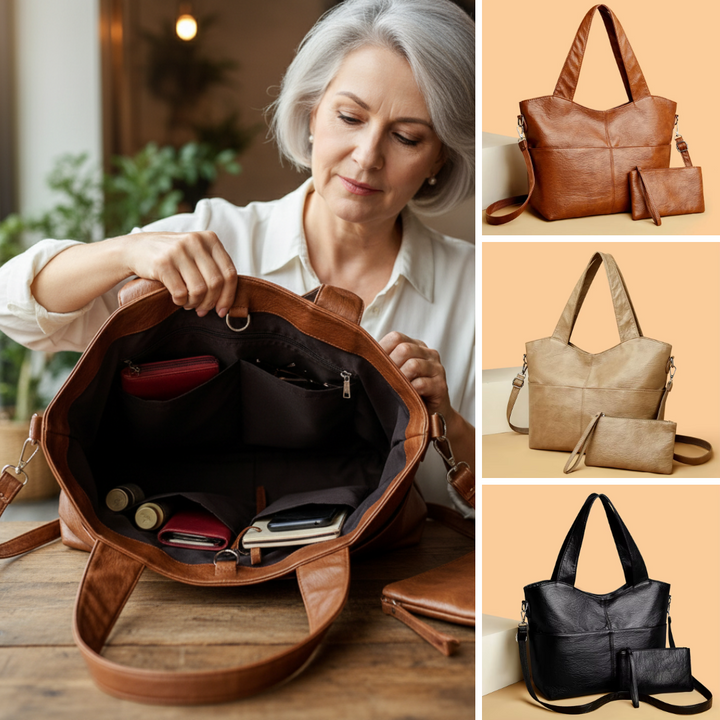 Élégant sac femme marron en similicuir structuré, avec double anses et bandoulière réglable. Parfait pour le travail.