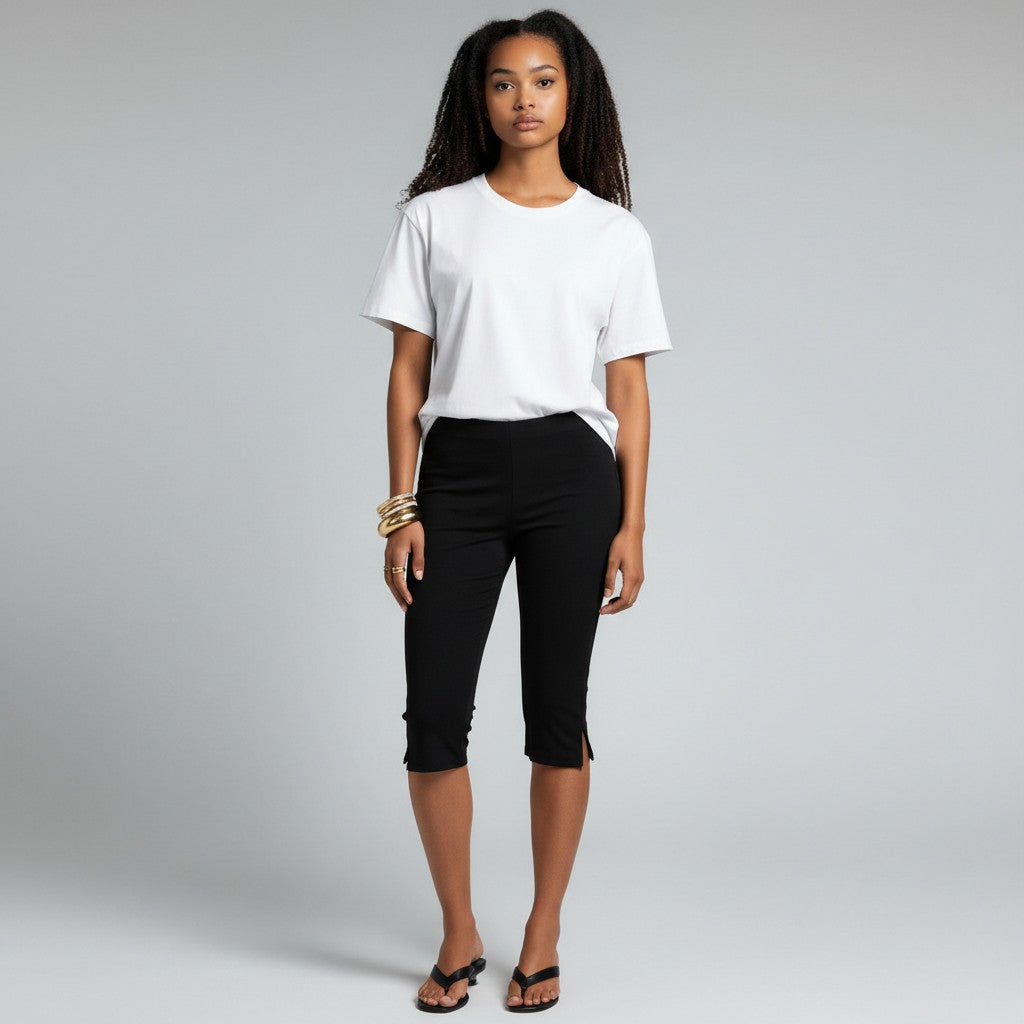 Pantacourt femme noir casual chic, très confortable, idéal pour un look printanier ou estival.