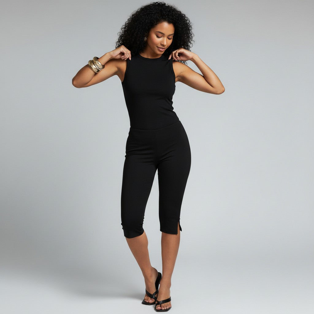 Pantalon capri femme noir, moderne et confortable, parfait pour la mode féminine printemps/été.