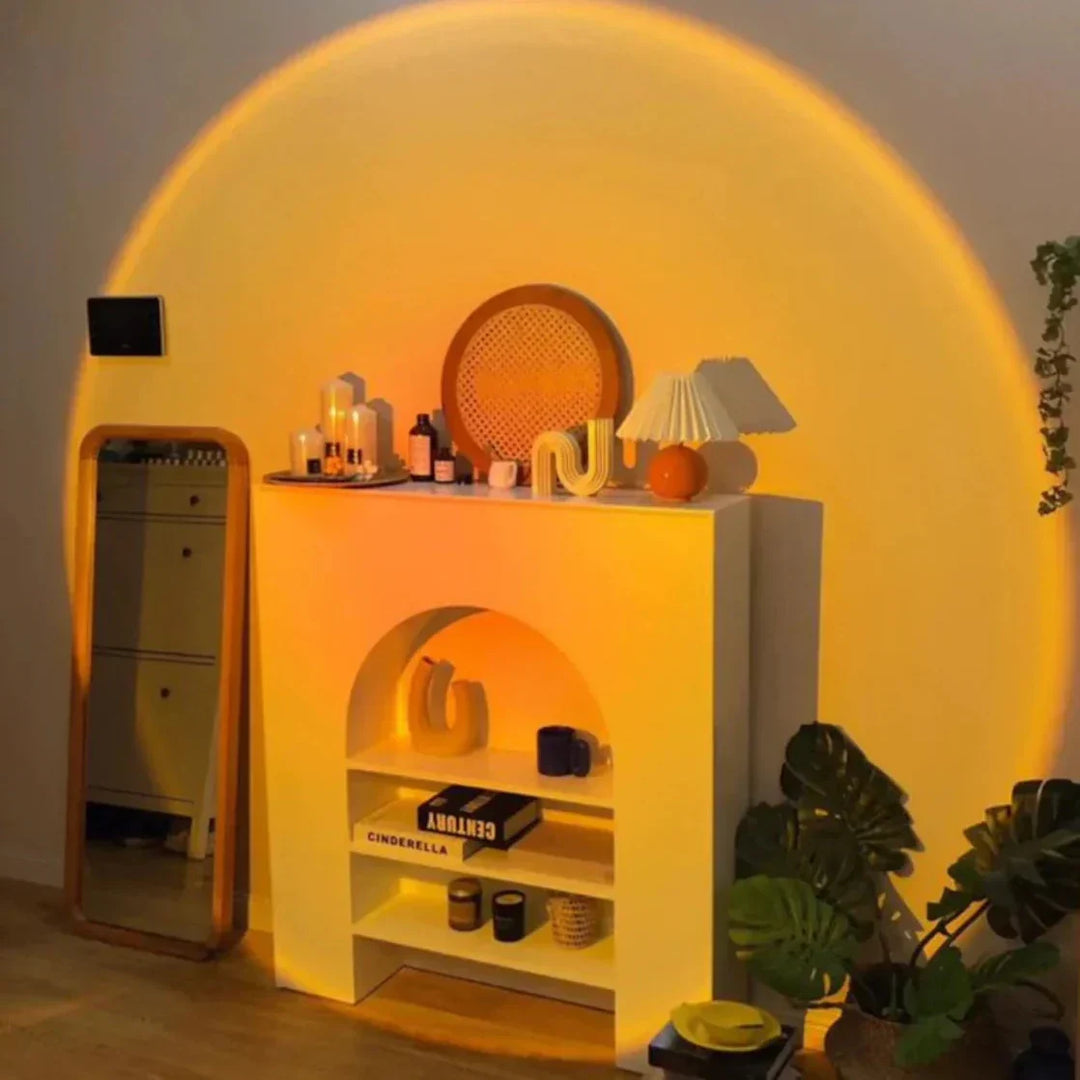 Lampe ambiance coucher de soleil LED, lumière relaxante pour salon, favorise la sérénité et le bien-être.