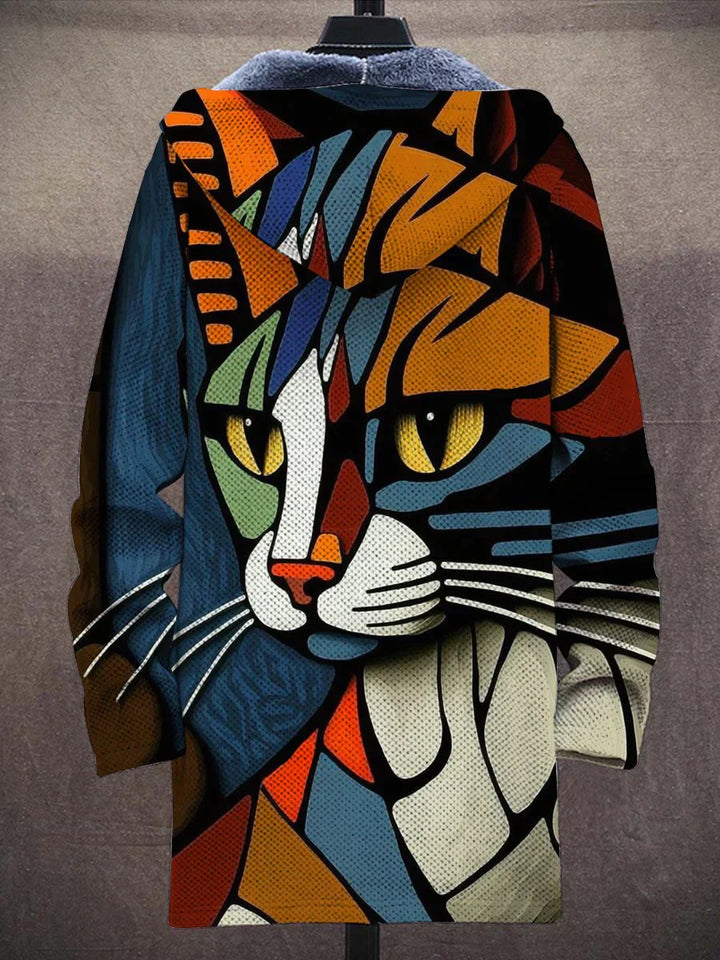 Cardigan ample femme, motif chat Luna élégant et confortable. Idéal pour un look automne-hiver unique et douillet.