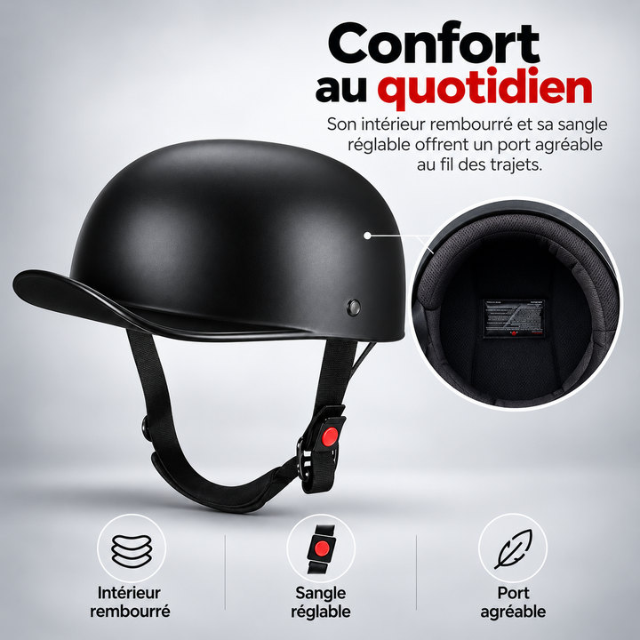 Casque urbain homologué DOT, style casquette, look unique et protection optimale pour moto.