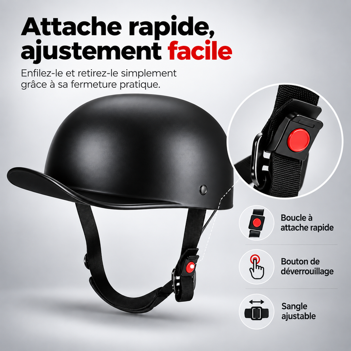 Casque léger pour moto, homologué DOT, design casquette, offrant confort et sécurité en ville.