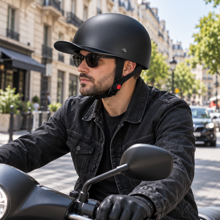Casque moto homologué DOT, style casquette urbaine, look unique et protection fiable pour motards.