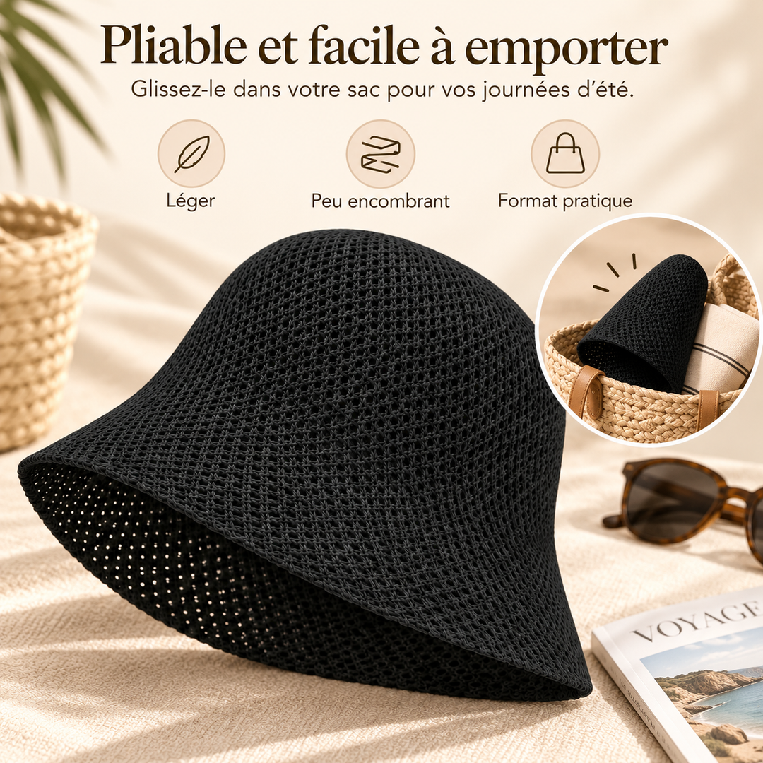 Accessoire plage femme, chapeau bob pliable. Protection UV, respirant pour le soleil.