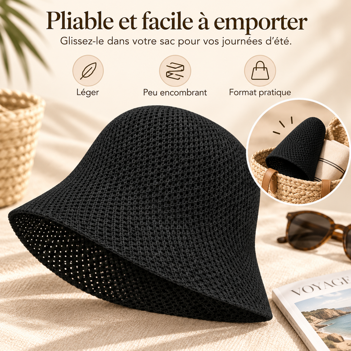 Accessoire plage femme, chapeau bob pliable. Protection UV, respirant pour le soleil.