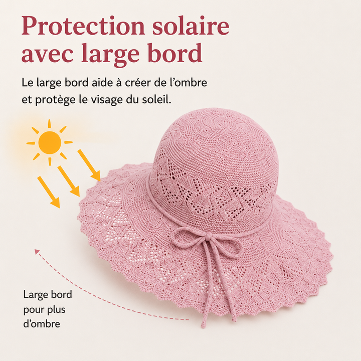 Chapeau femme estival en polyester, pliable, chic et léger pour la plage ou les vacances.