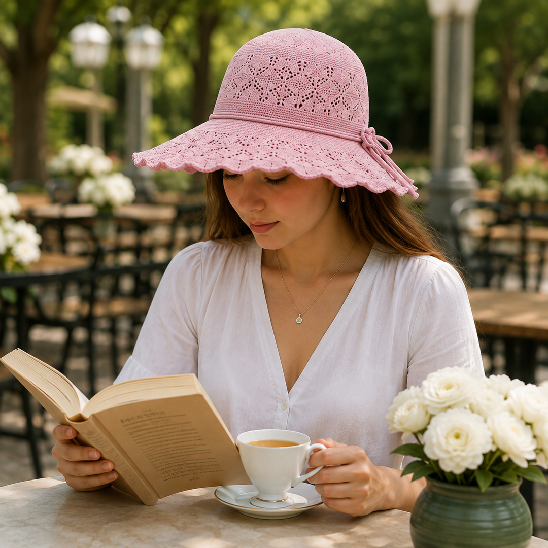 Chapeau femme pliable pour le soleil, protection UV, idéal pour la plage ou les activités estivales.