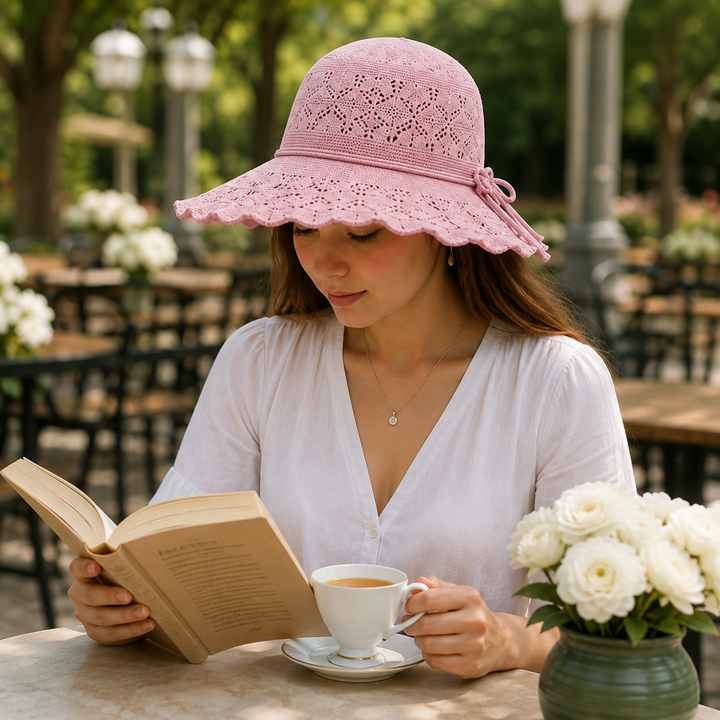Chapeau femme pliable pour le soleil, protection UV, idéal pour la plage ou les activités estivales.