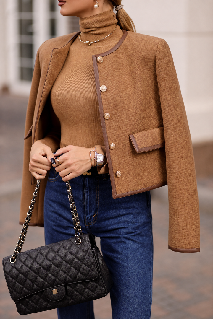 Veste courte élégante marron pour femme, chic et polyvalente, parfaite pour la mi-saison et la mode automne.