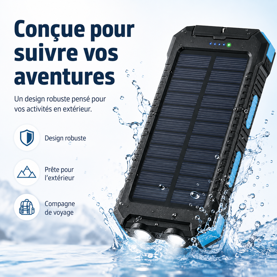 Power bank solaire ultra-capacité pour smartphones, étanche, avec double USB et lampe LED puissante. Portable.