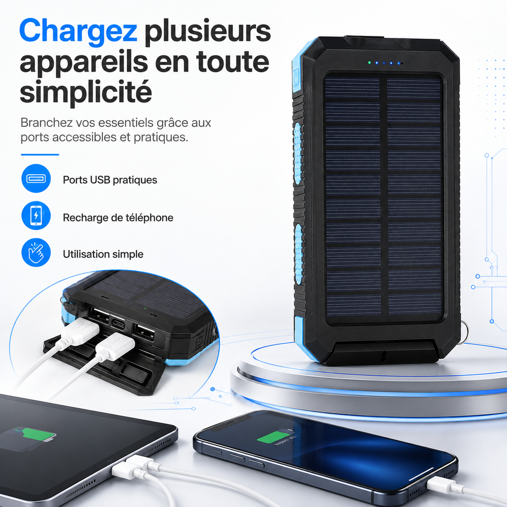 Power bank solaire portable étanche, idéale camping & randonnée. Batterie externe ultra-capacité, double USB, LED.