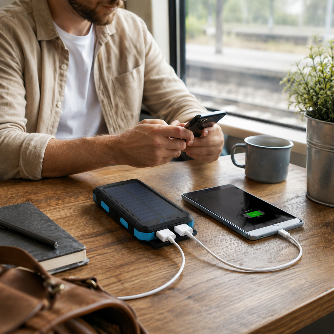 Double port USB du chargeur solaire étanche. Batterie externe haute capacité, lampe LED intégrée, idéal extérieur.