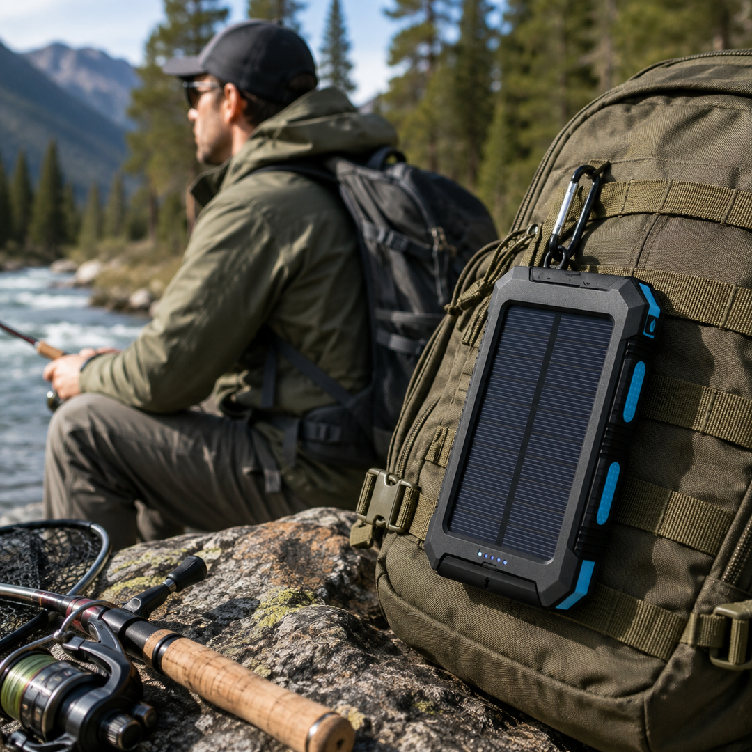 Chargeur solaire étanche pour l'aventure. Power bank ultra-capacité, double USB, lampe LED. Idéal extérieur.