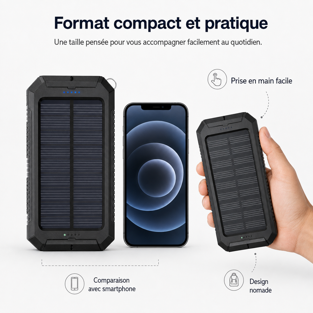 Chargeur solaire étanche en utilisation extérieure. Power bank ultra-capacité, double USB, lampe LED, robuste.