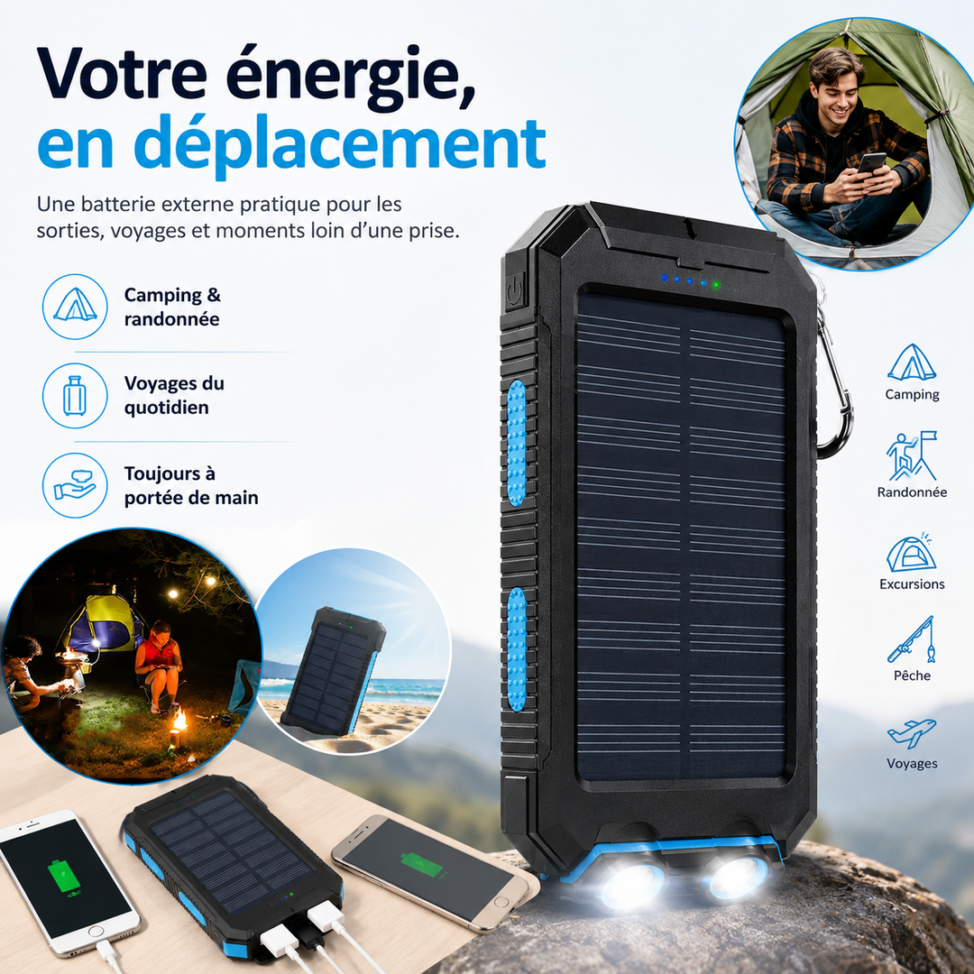 Chargeur solaire étanche double USB, lampe LED. Batterie portable haute capacité pour camping, randonnée, urgence.