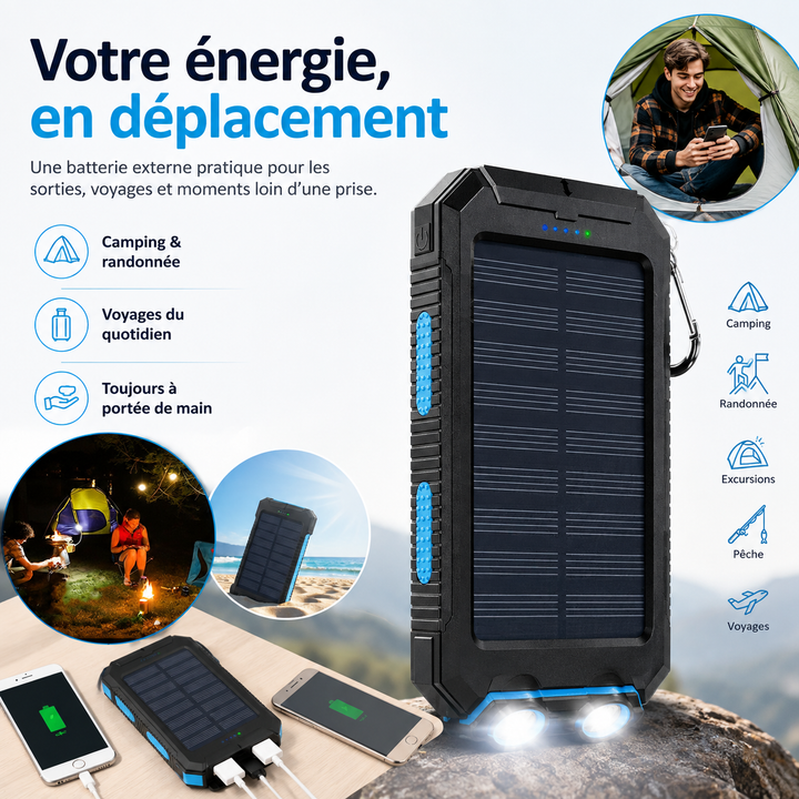 Chargeur solaire étanche double USB, lampe LED. Batterie portable haute capacité pour camping, randonnée, urgence.