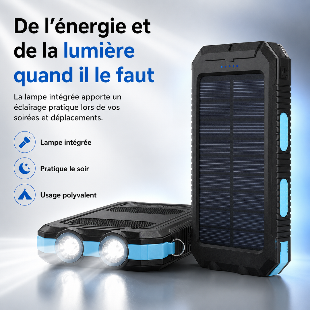 Vue de face du chargeur solaire étanche avec ports USB & lampe LED. Power bank portable ultra-capacité.