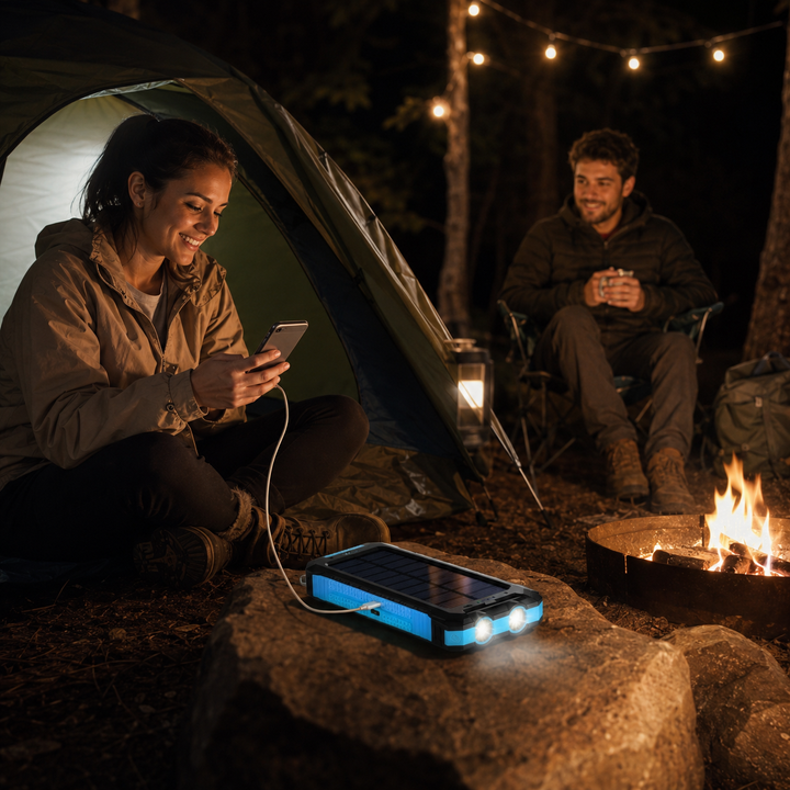 Power bank solaire étanche d'urgence avec lampe LED et double USB. Batterie externe ultra-capacité pour sécurité.