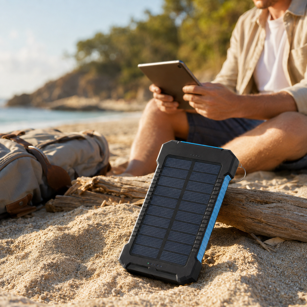 Chargeur solaire portable étanche avec batterie ultra-capacité, double USB et lampe LED pour toute aventure.
