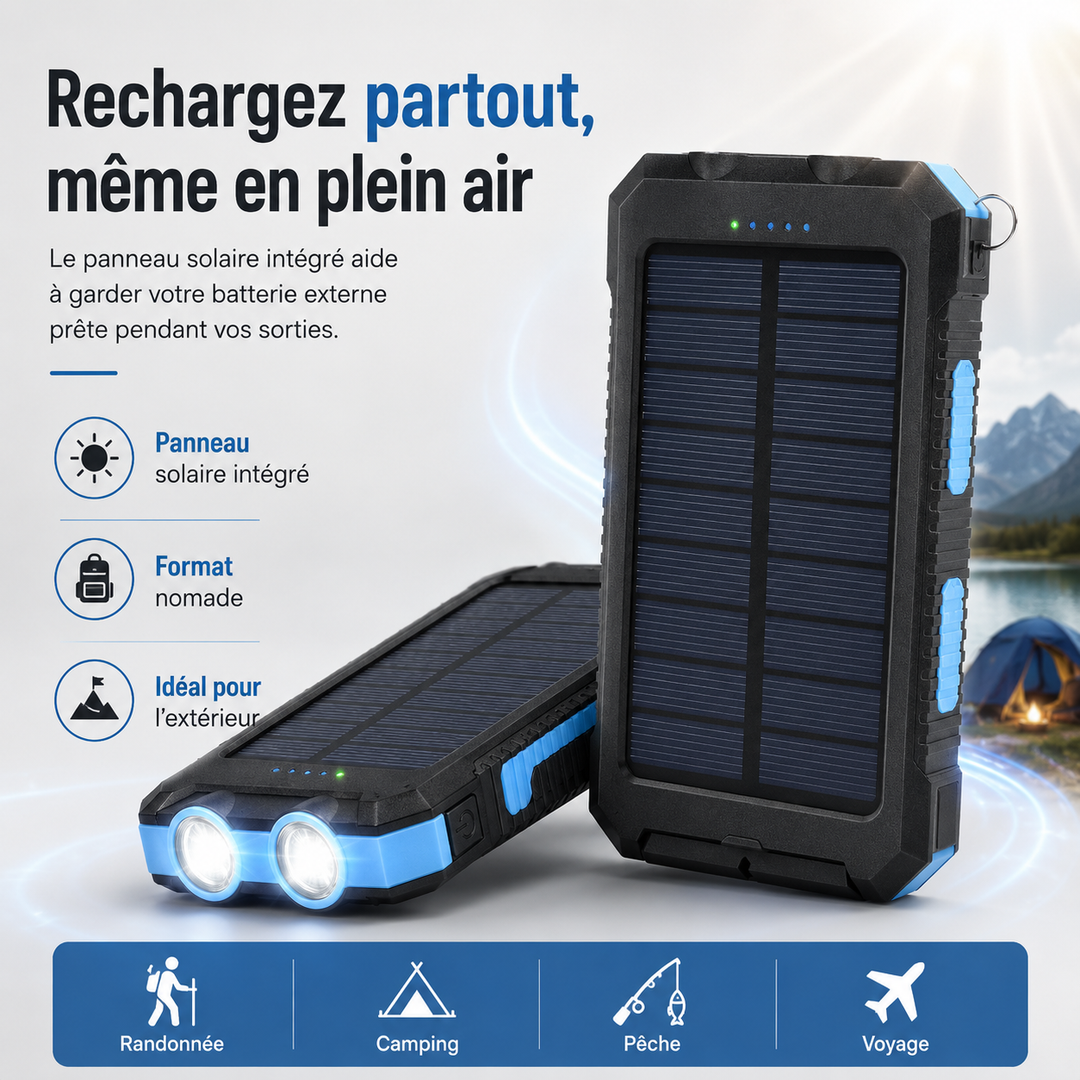 Chargeur batterie solaire étanche résistant, parfait aventure. Grande capacité, double USB, lampe LED urgence.