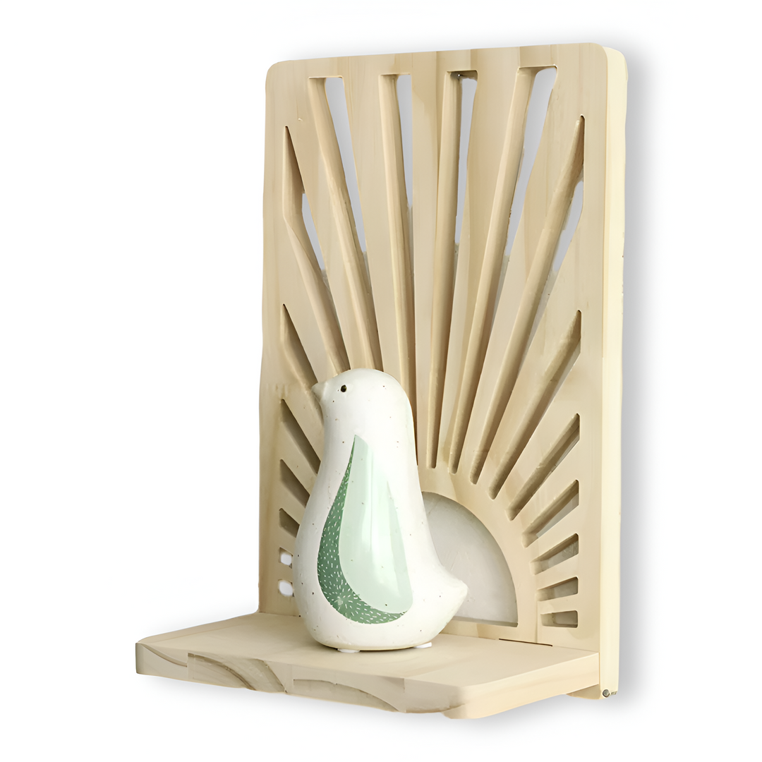 Étagère murale bois SolAura, design rayon de soleil bohème pour décoration salon.
