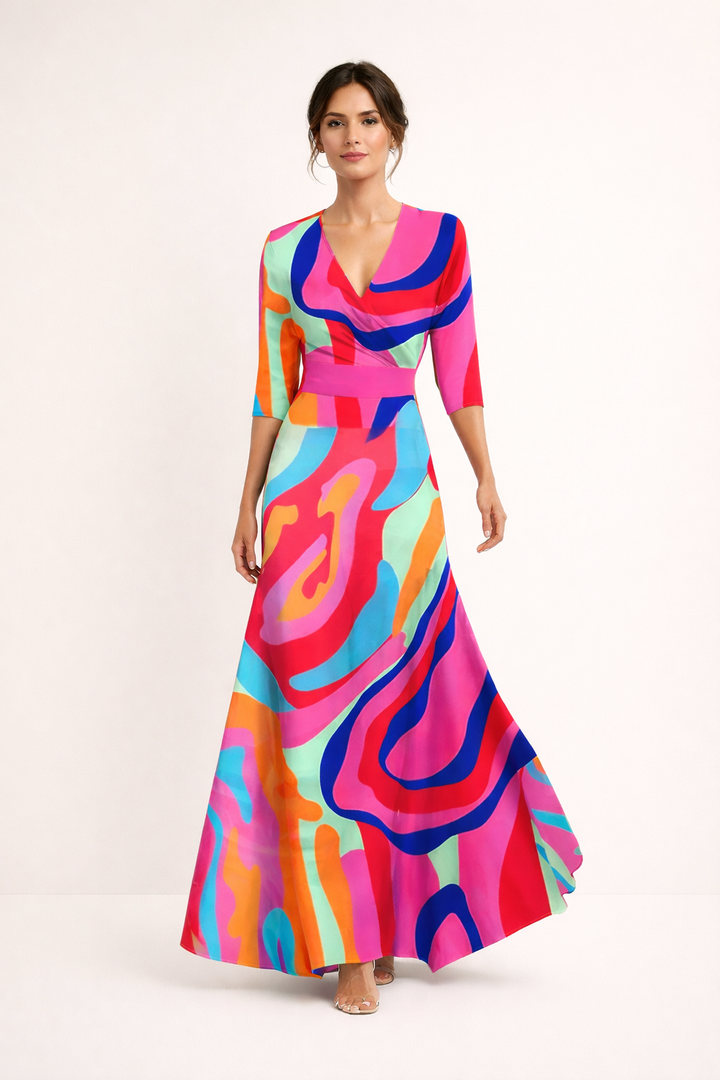Robe longue femme imprimée décontractée à manches 3/4 et col en V. Parfaite pour l'été, le printemps et le quotidien.