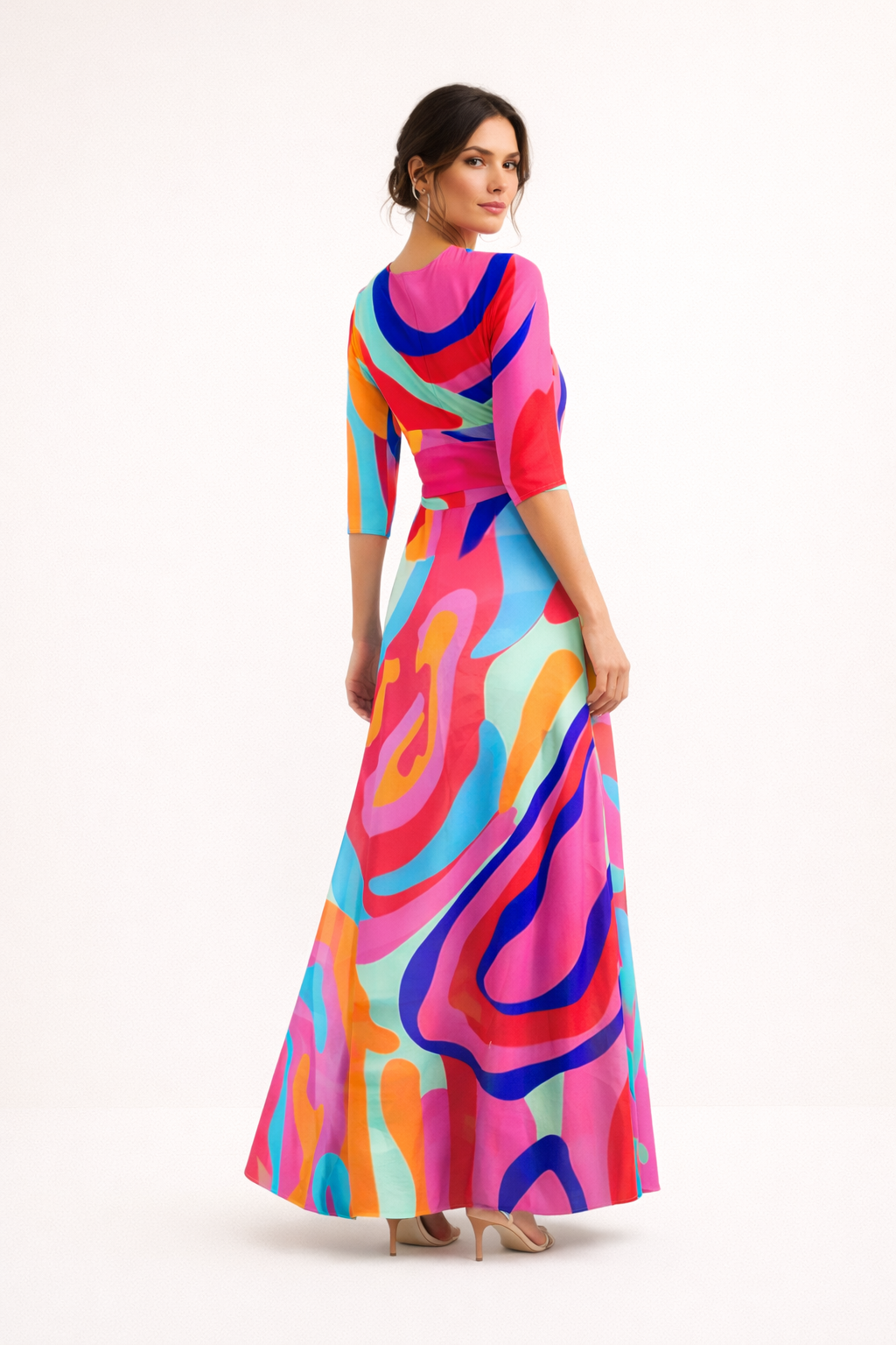 Robe d'été longue et confortable pour femme, motif imprimé. Manches 3/4. Idéale pour le printemps et le voyage.