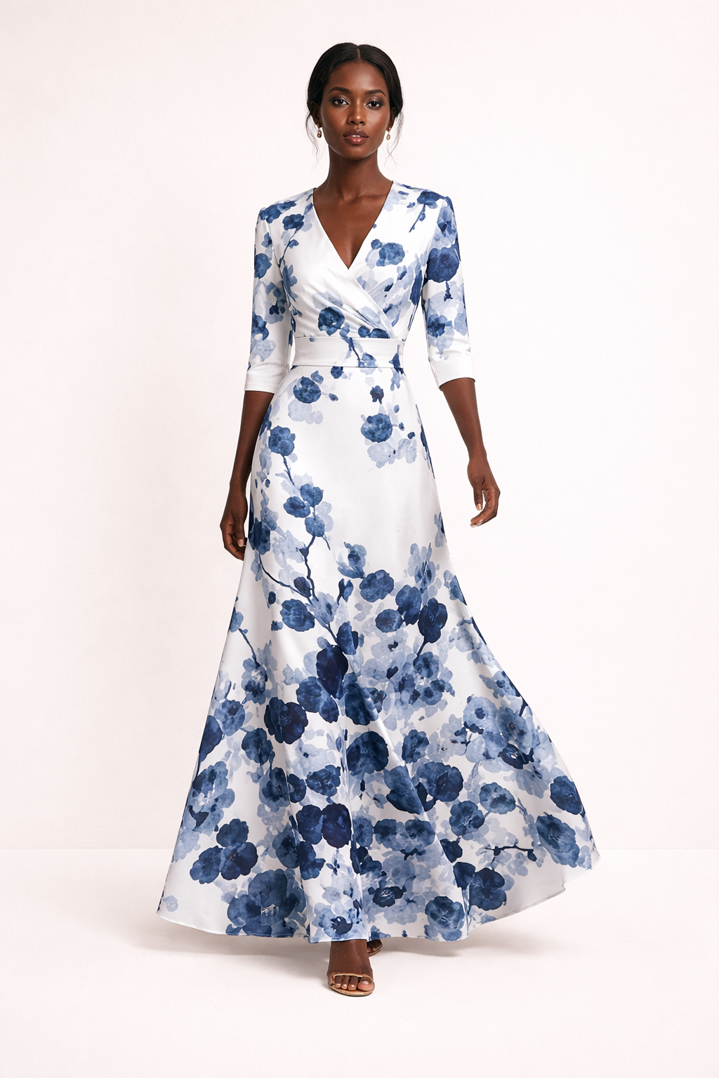 Robe longue imprimée décontractée femme, silhouette fluide. Manches 3/4, col V. Parfaite pour le printemps et l'été.