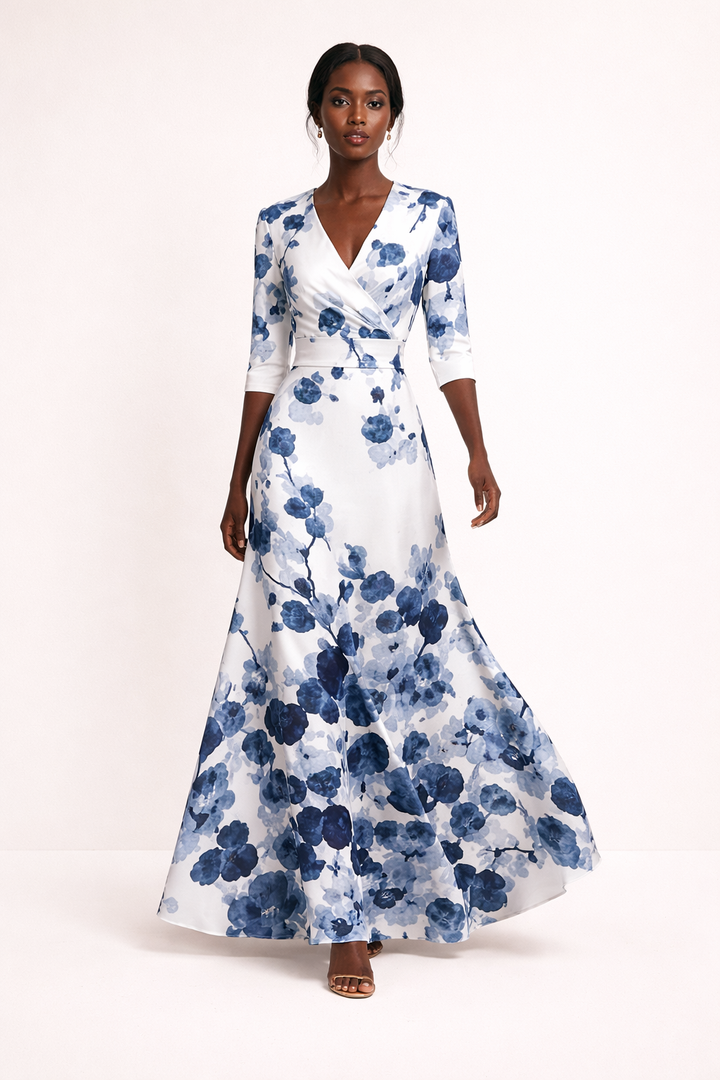 Robe longue imprimée décontractée femme, silhouette fluide. Manches 3/4, col V. Parfaite pour le printemps et l'été.