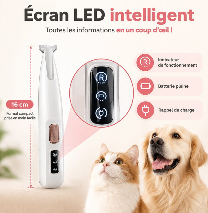 Tondeuse ergonomique sans fil pour chien et chat, légère et pratique pour hygiène animale.