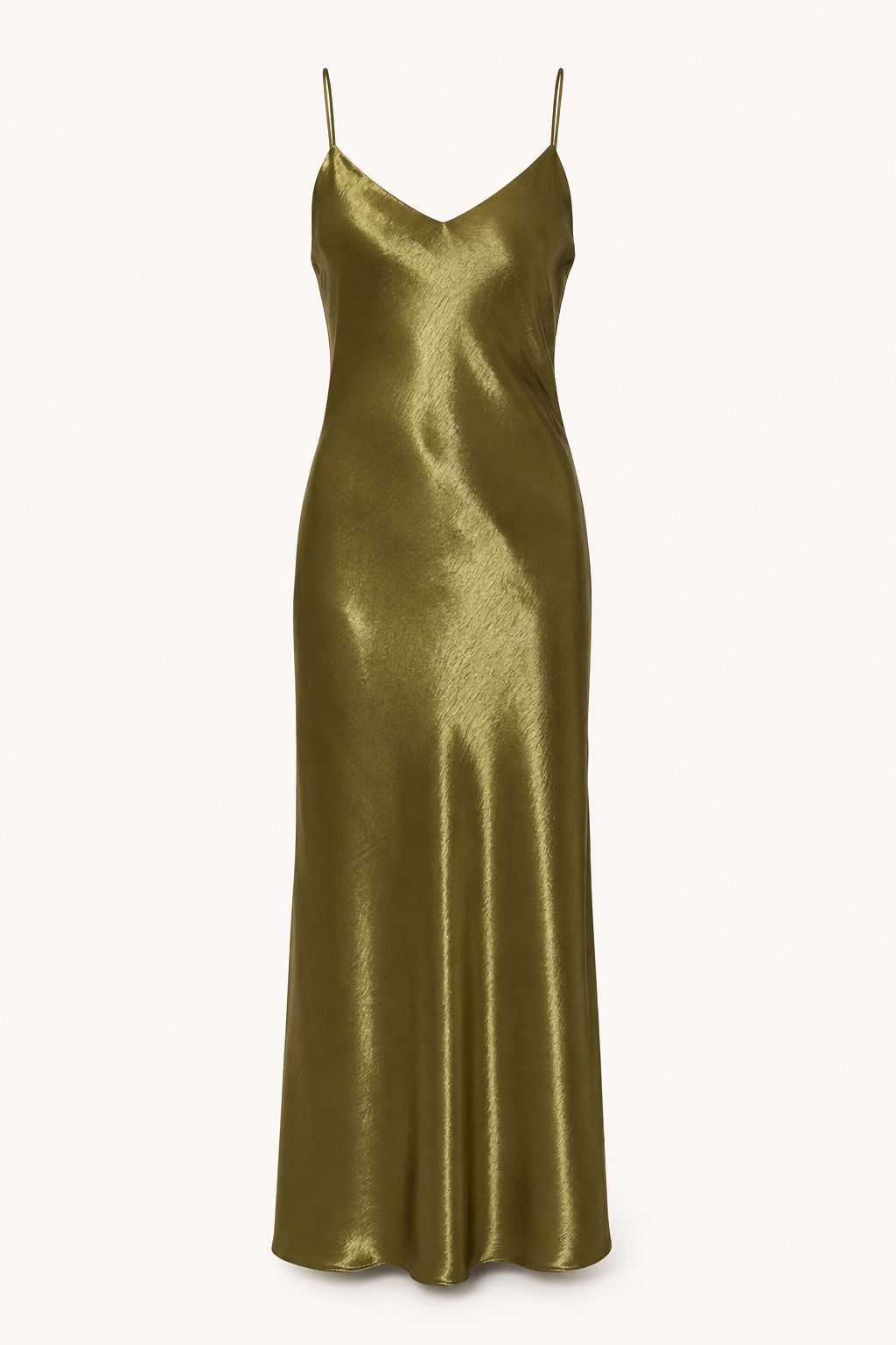 Élégante robe midi femme verte, coupe fluide style lingerie. Bretelles fines et décolleté en V, pour un look estival.