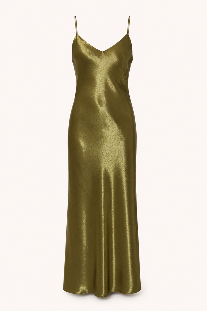 Élégante robe midi femme verte, coupe fluide style lingerie. Bretelles fines et décolleté en V, pour un look estival.