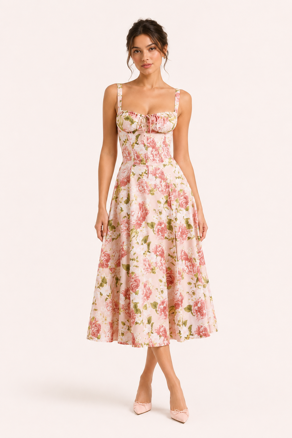Robe midi fleurie pour femme, motif floral estival rose, bretelles fines, idéale pour le jour et les vacances.