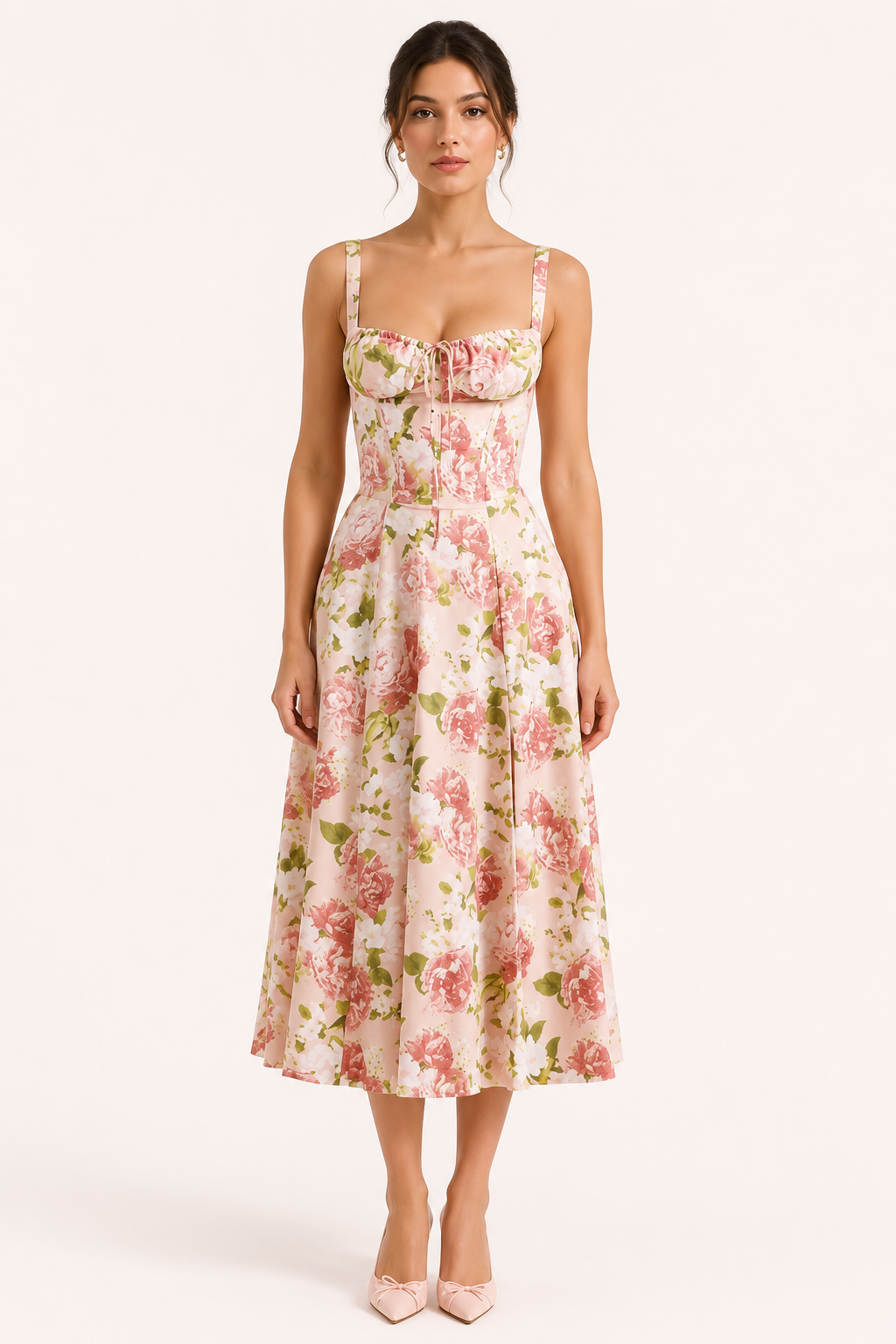 Robe florale midi féminine, motif rose estival, silhouette élégante à bretelles, idéale pour le jour ou les vacances.