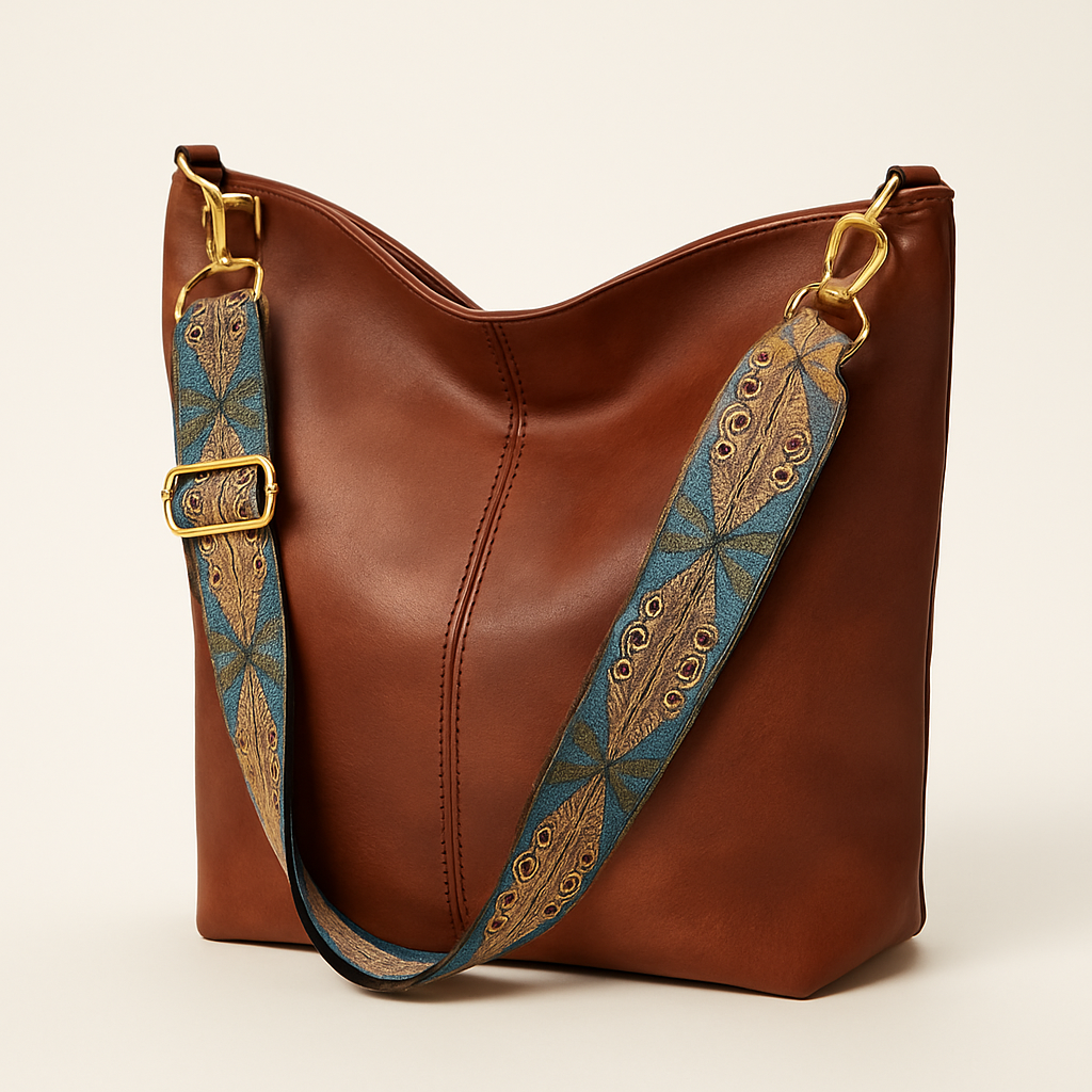Sac à main seau femme en cuir vegan, détails de bandoulière brodée. Idéal pour un look bohème chic et tendance.