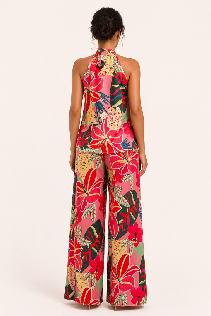 Ensemble deux pièces d'été floral pour femme avec haut dos nu confortable, pantalon large à poches.
