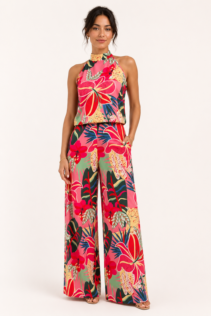 Ensemble floral chic pour femmes: haut dos nu élégant et pantalon large fluide, idéal pour l'été décontracté.