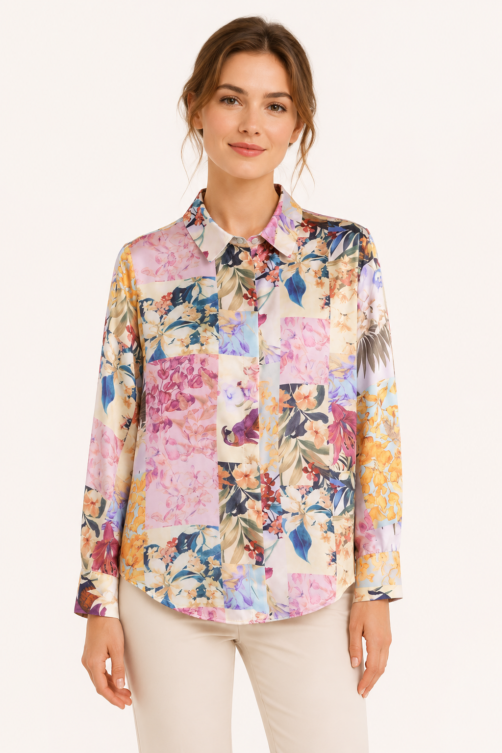 Blouse femme fluide à imprimé floral, manches longues. Style décontracté chic, idéal printemps-été.