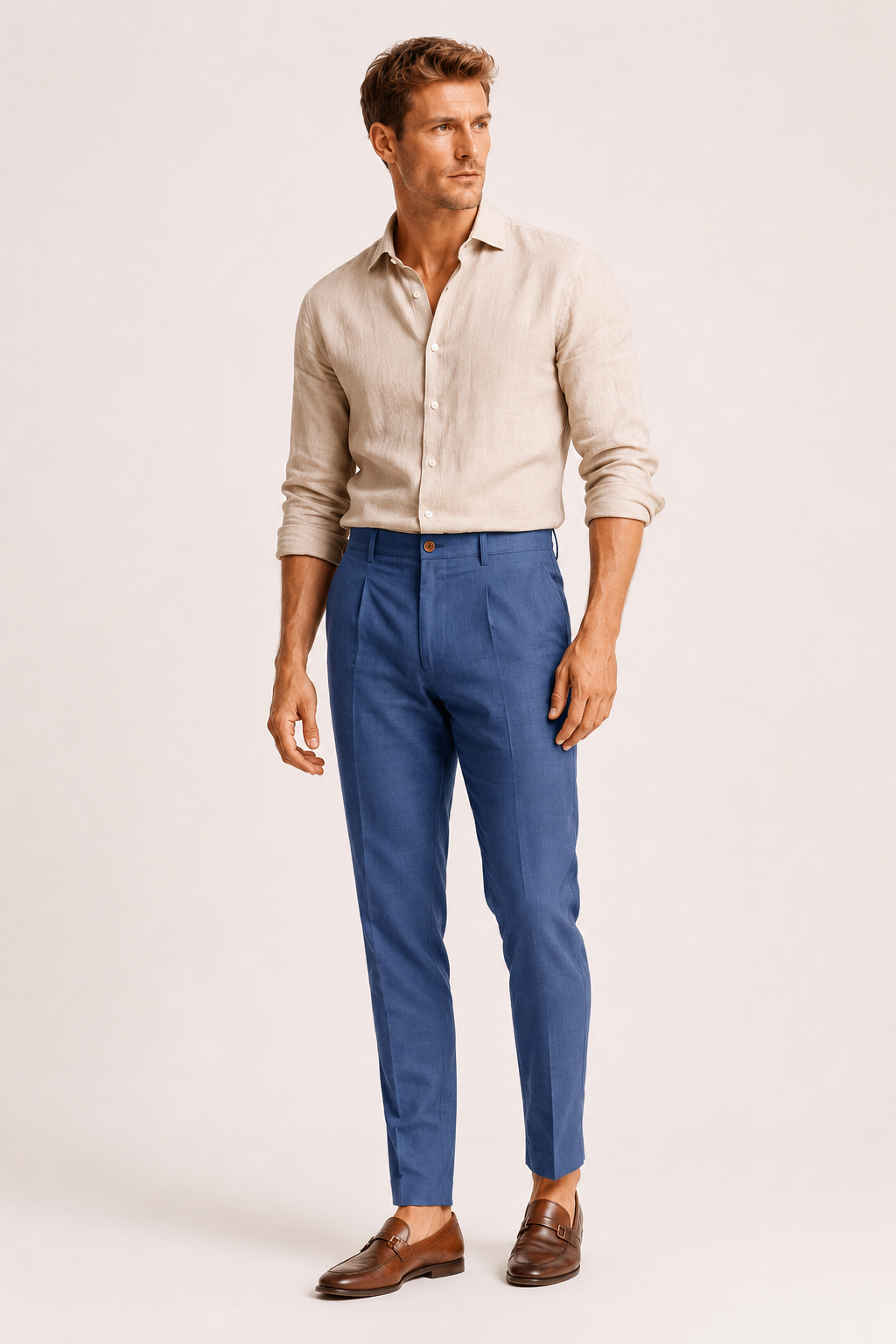 Pantalon homme style décontracté élégant, coupe droite cheville pour printemps-été. Confort et allure.