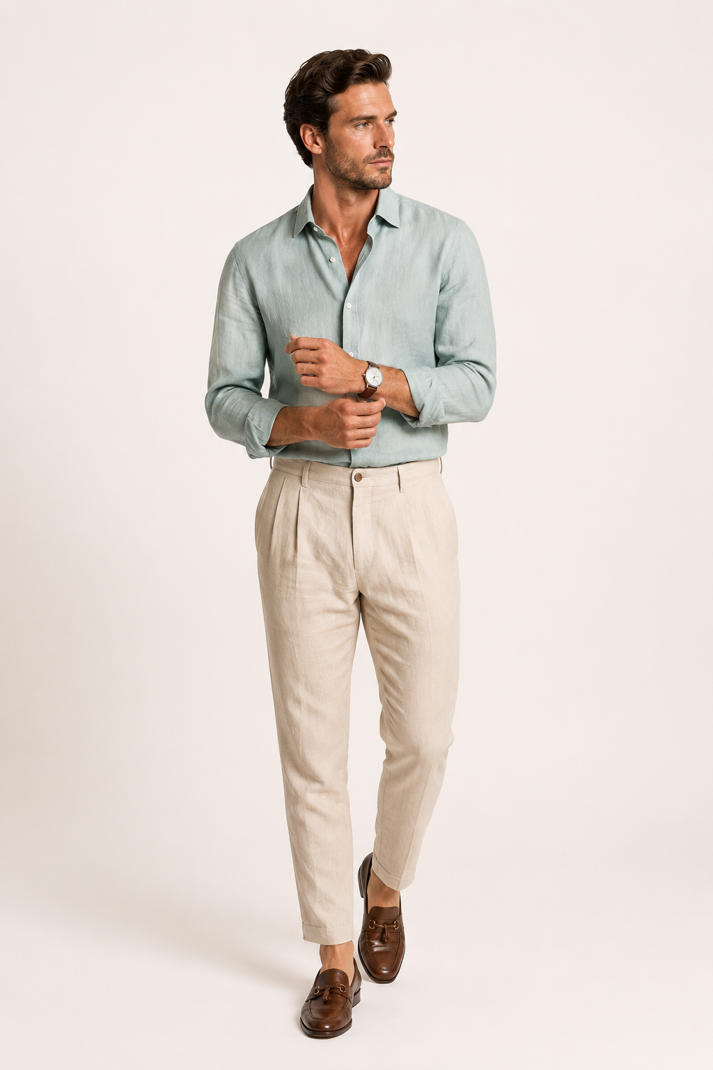 Élégant pantalon homme coupe droite cheville, style décontracté et confortable pour le printemps et l'été.